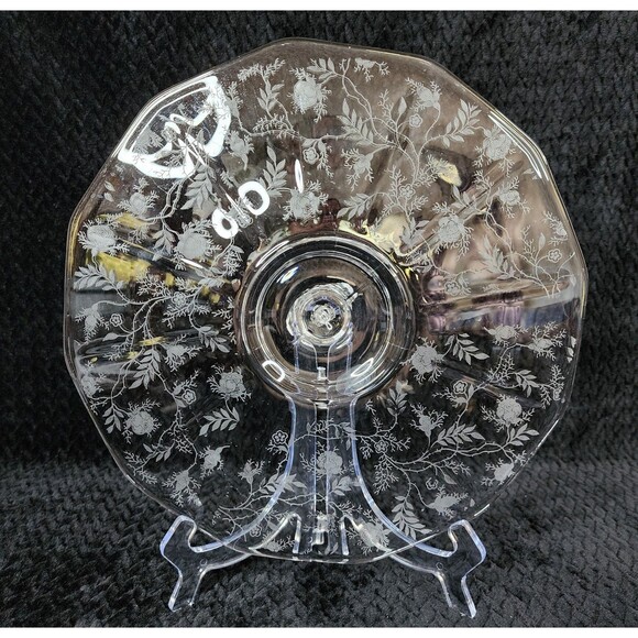 Vintage Fostoria Chintz Fleur-de-Lis Etched Glass Tidbit Tray 1940s-1970s - Picture 4 of 9